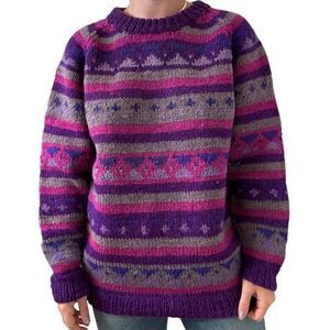 Vintage Womens Purple 100% Wool Hand Knit Oversized Sweater Made in Nepal Sz L